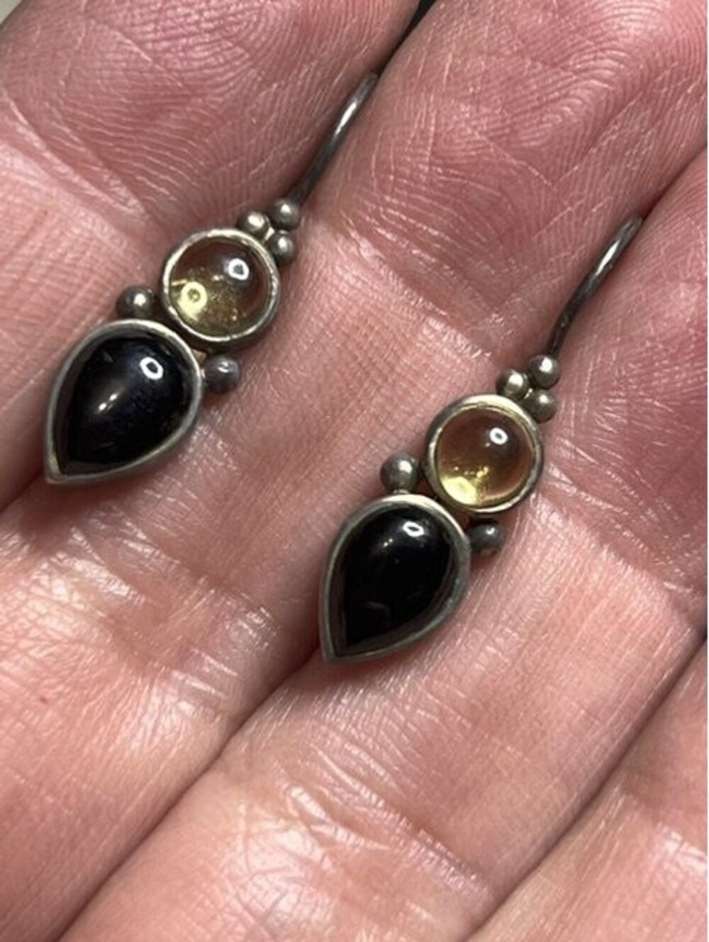 B6995 VTG Sterling Silver 925 Black Onyx Citrine Dangle Earrings 1.2" Artisan